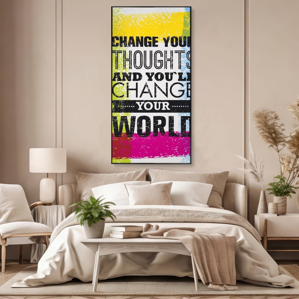 Tablou canvas cu tablou canvas cu mesaj motivational colorat, in rama de aluminiu negru, pe perete intr-un dormitor